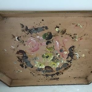 Antique Metal Serving Tray in dusty rose has felt bottom Rustic Country